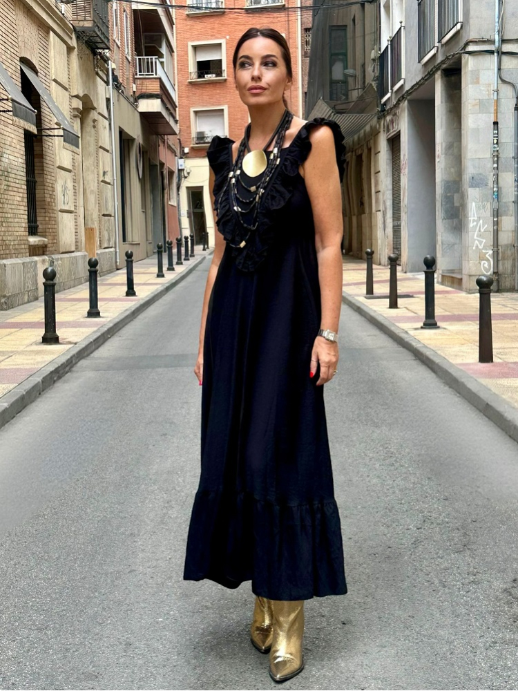 VESTIDO LRGO VOLANTE PECHO Y TIRANTES