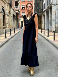 VESTIDO LRGO VOLANTE PECHO Y TIRANTES