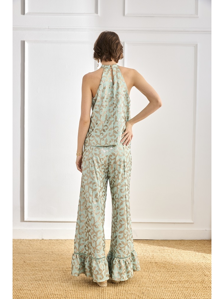 PANTALON CON VOLANTES EN BAJO Y LENTEJUE